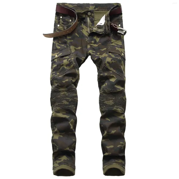 Jeans masculins mode étirement de camouflage biker pantalon denim mâle slim fit pantalon de cargaison multi-poche décontracté