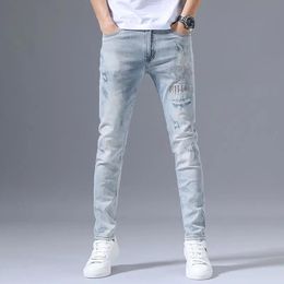 Jeans pour hommes Mode Stretch Denim Jeans hommes printemps automne déchiré rétro perceuse broderie mince petits pieds bleu polyvalent pantalons longs 230316