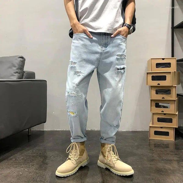 Jeans pour hommes Trous de style de mode pour hommes lavés en détresse Pantalon en denim bleu clair Rétro Casual Wear Loose Oversize Roll Up Pantalon