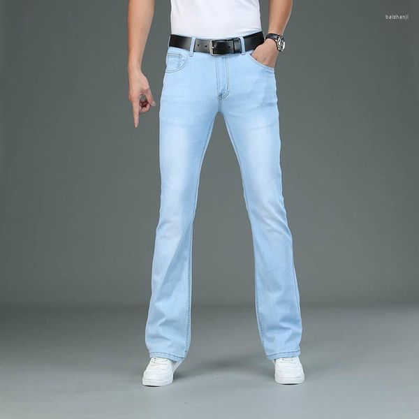 Pantalones vaqueros de moda de verano para hombre, pantalones vaqueros con corte de bota acampanados, pantalones vaqueros ajustados informales de cintura media para pierna, pantalones de calle azul claro