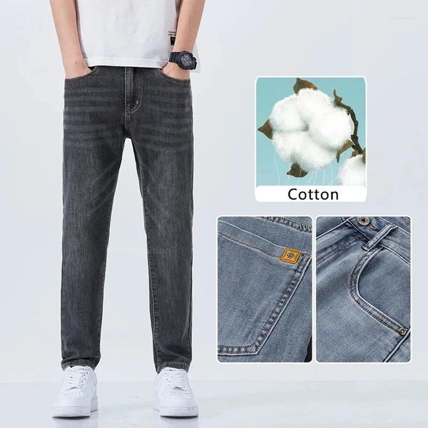 Jeans masculins fashion mince glace vêtements d'été élastique pantalon droit mince affaires de boton de coton décontracté