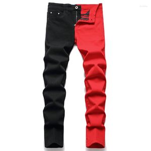 Heren jeans modetrend mannen micro-elastische denim stikseldesigner multi-colour streetwear zwarte rode patches broek