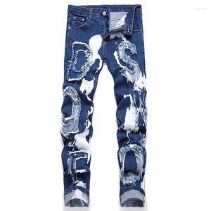 Jeans pour hommes Tendance de la mode Slim Stretch Bleu Lettre Patch Collage Blanc Éclaboussures Peinture Pantalon Printemps Automne Mâle Denim Pantalon