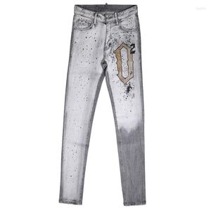 Jeans pour hommes Mode Tendance Marque Personnalité Lavé Gris Clair Éclaboussé Encre Broyage Blanc Jeune Pantalon Slim-Fit Mi-Taille Hommes