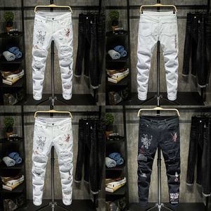 Heren Jeans Mode Trendy Borduren Letters Heren College Boys Skinny Runway Rits Denim Broek Vernietigd Gescheurd Zwart Wit 958