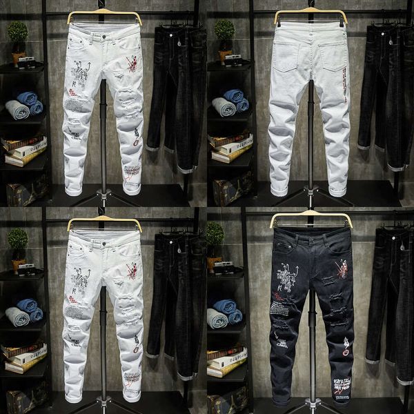 Jeans pour hommes Mode Trendy Broderie Lettres Hommes College Boys Skinny Runway Zipper Denim Pantalon Détruit Ripped Noir Blanc 958