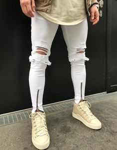 Heren jeans fashion vintage gescheurde 80s super dunne slanke fit rits zipper denim pant vernietigde gerafelde stijl katoenen broekbroeken's