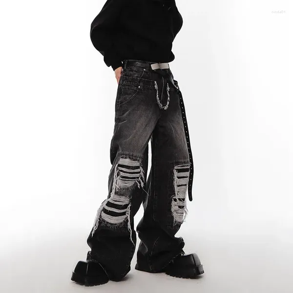 Jeans pour hommes Mode Lavé Endommagé Niche Double Taille Design Pantalon High Street Couleur Unie Denim Droit