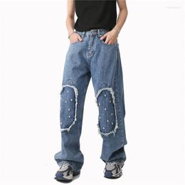 Heren jeans mode y2k stijl hip hopbroek met klinknagel hallo straat los fit denim broek patchwork