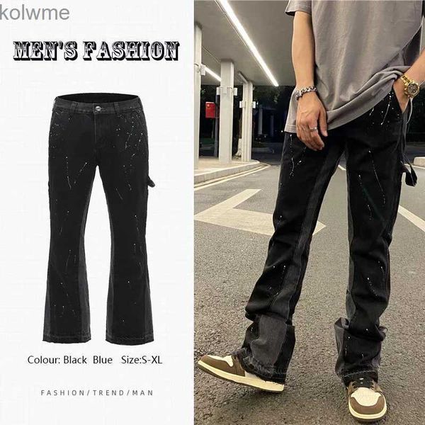 Pantalones vaqueros para hombre, pantalones vaqueros a la moda para hombre, diseño de costura, estilo Hip-hop, pantalones delgados con tinta contra salpicaduras, ropa de calle para hombre, ropa de marca YQ240205