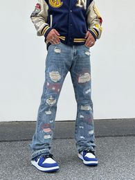 Jeans pour hommes à la mode Streetwear avec broderie et jambe large à la mode Hippie Patchwork pour hommes pantalons pour hommes