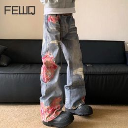 Heren jeans enkeleq American Style High Street Denim Micro Horn Gedrukte splicing 2024 Mode mannelijke broek