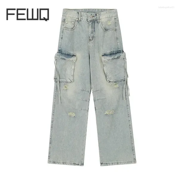 Jeans para hombres FEWQ Hombres Diseño lavado Costura suelta Casual Multi bolsillo Pierna recta 2023 Vintage Lace Pantalones masculinos Otoño 24x2027