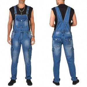 Jeans pour hommes Fi Multi-poches Denim Combinaison Denim Salopette Pantalon Bleu Fi Pantalon Streetwear Hommes Barboteuses C2U5 #