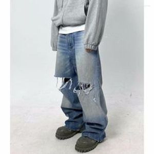 Blauwe baggy jeans voor heren dames Big Hole Ripped dweilen Flared denim broek Streetwear oversized versie broek