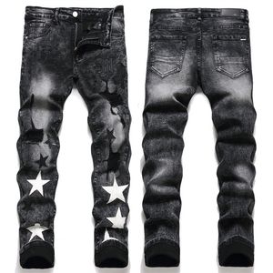 Jeans pour hommes Fit Elastic Black Men's Cotton Balloon Embroidery Leather Mark Broken Star Fashion Jeans pour hommes en Europe et en Amérique