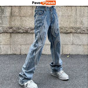 Jeans pour hommes Flame Patch Jeans droits pantalons pour hommes lavés Harajuku Vibe Style rétro Denim pantalon rue décontracté Y2K pantalon automne Hip Hop 230827