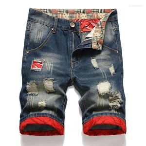 Heren jeans flip denim shorts gedragen gat patch vintage jonge ontwerp mode geruïneerd plus size zomerbroek