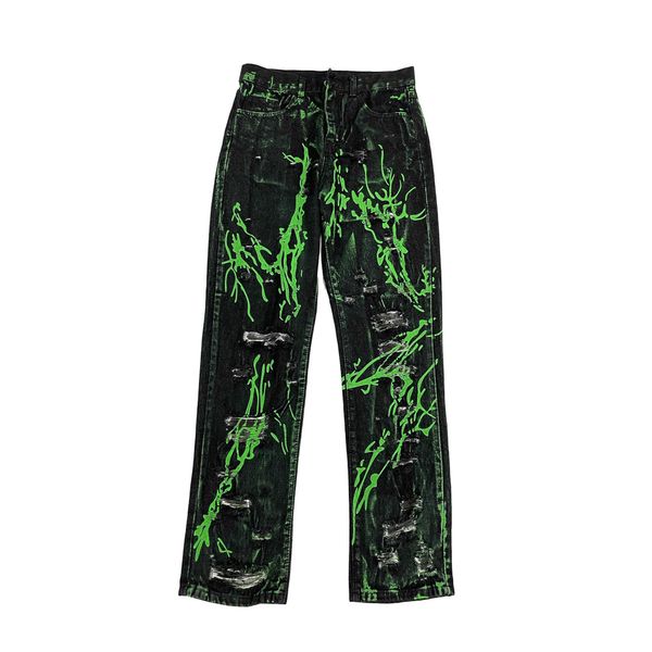 Pantalones vaqueros para hombre, pantalones vaqueros lavados con agujeros desgastados y tinta verde fluorescente, pantalones informales rectos con micro cuerno, DP para hombre