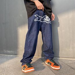 Jeans pour hommes Flying Dog Print Straight Loose Mens Retro High Street Oversize Casual Denim Pantalon Harajuku Lavé Hip Hop Jea283f