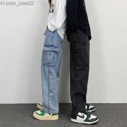 Jeans pour hommes FOJAGANTO Jeans pour hommes Japonais Vintage Wash Straight Jeans à jambes larges Poche ample Couple Hip Hop Street Jeans Hommes Z230713