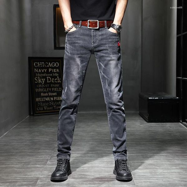 Herrenjeans für Männer 2023 Mode Schwarz Stretch Ripped Regular Warm Dark Denim Herbst Winter Schlanke verdickte Hose Samthose