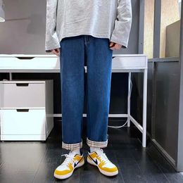 Jeans pour hommes pour hommes 2024 tube droit lâche ourlet plaid marque de mode lavage pantalon décontracté polyvalent tendance coréenne