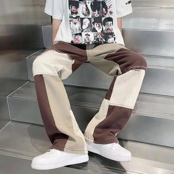 Jeans pour hommes pour hommes hip hop beige pantalon droit épissé mâle cowboy pantalon plus taille haute qualité 90s streetwear tendance 2023 régulier