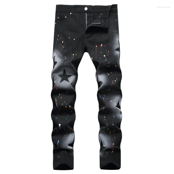 Jeans pour hommes pour hommes Slim Fit Drawn Skinny Denim Pants Design Black Star Painted Streetwear Hip Hop Pantalons longs Harajuku Vêtements