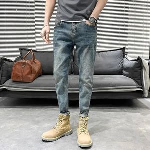 Jeans voor heren, slim fit mannelijke cowboybroek, skinny broek, cropped met zakken, taps toelopende pijp, trend 2024 Y2K streetwear Xs