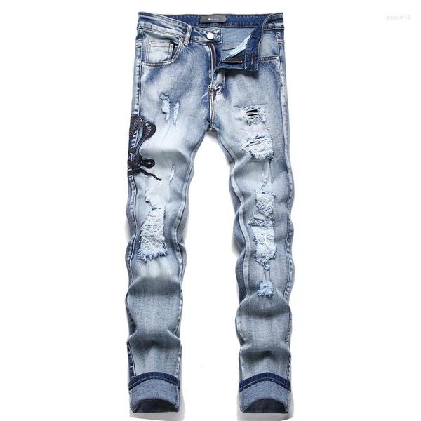 Jeans para hombres para hombres Bordado de serpiente Ropa de calle rasgada Slim Stretch Punk Estilo Pantalones de mezclilla Hip Hop High Street Pantalones Y2k Pantalones