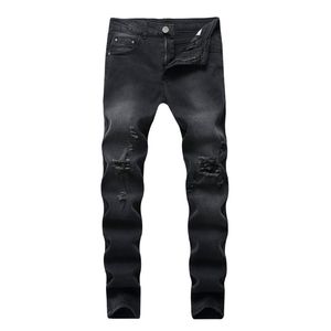 Pantalones vaqueros para hombre Comercio exterior Negro Pie pequeño Elástico Agujero Casual Slim Tight Washed Amazon Pantalones