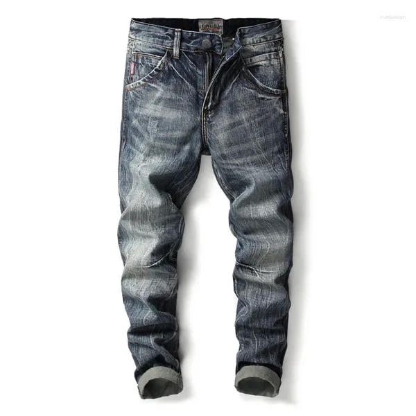 Jeans pour hommes commerce extérieur mode rétro japonais fait usé lavé et usé jeunesse coupe ajustée jambe droite pantalons longs