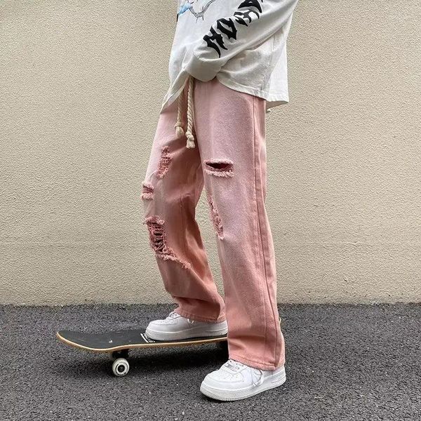 Jeans para hombres Foufurieux Estilo americano Ripped Dirty Pink Pantalones Hombres High Street Causal Flojo Recto Pierna ancha Pantalones Ropa masculina