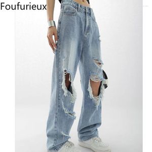 Pantalones vaqueros para hombre Foufurieux rasgados para hombre moda cintura baja Vintage Streetwear azul mujer recto suelto Y2K Denim pierna ancha