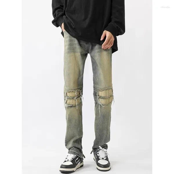 Jeans pour hommes Foufurieux Spring Streetwear High Street Jean Hommes Noir Bleu Moto Cuir Skinny Mid Taille