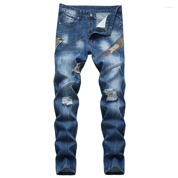 Jeans para hombres Four Seasons Moda Hombres Camuflaje Patchwork Ripped Biker para Moto Straight Slim Fit Denim Pantalones Sólido Casual 29-42