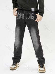 Jeans masculin Four Seasons Pantalons masculins Fashion lourde broderie Black Loose Hip Hop Jeans Rap esthétique Y2K Vêtements plus taille Streetwear Z0225