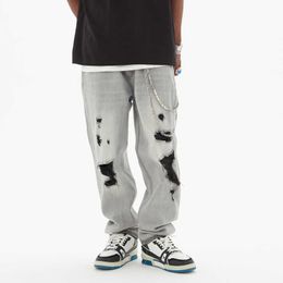 Heren jeans vier seizoenen herenjeans scheurde lichtgrijs voor- en achterkant herenkleding hiphop y2k broek heren streetwear hoogwaardige jeans z0225