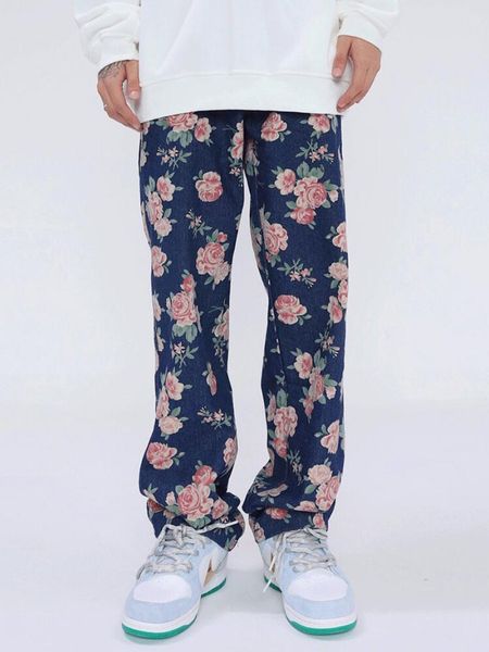 Jeans masculinos Four Seasons Rose Rose Flower Men Washed Men Tide Marca retro Tendencia de pantalones heterosexuales