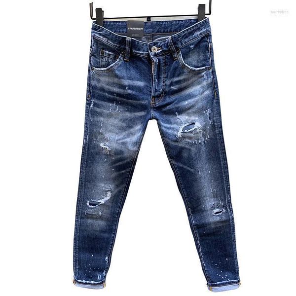 Jeans pour hommes quatre styles saison mince bleu élastique pantalon droit lavé usé avec des trous peinture dot pantalon Naom22