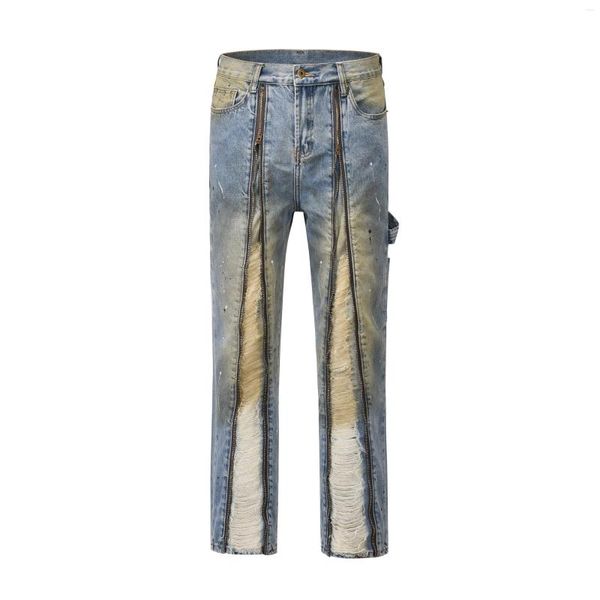 Jeans pour hommes avant fermeture éclair trou en détresse lavé Vintage pantalon Harajuku Y2K droit encre peint Baggy Denim pantalon surdimensionné