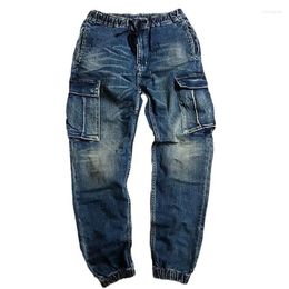 Jeans para hombres funcionales de bolsillo grande carga vintage cintura elástica lápiz recortado pantalones de mezclilla macho