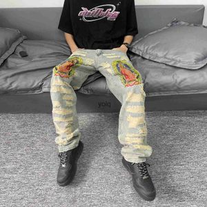 Heren Jeans Grappige Maagd Maria Borduren Mannen Rechte Pijpen Broek Denim Hip Hop Gewassen Droyed Jean voor Mannelijke Baggy Casual Ripped Jeans Pantsyolq