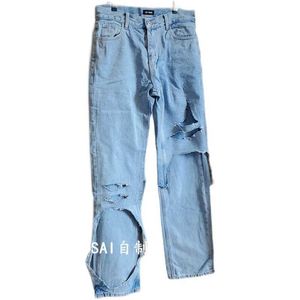 Jeans pour hommes Gaojie shiosai fait maison style Raf Simons trou cousu jean droit double couche lavé 289