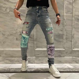 Jeans pour hommes Gaojiechao marque peinture motif pâte tissu lavage couleur de l'eau patchwork trou patch jeans pantalons slim pour hommes