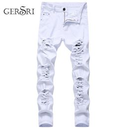 Pantalones vaqueros para hombre Gersri, pantalones de destrucción con agujeros rectos, pantalones vaqueros desgastados para hombre, marca de diseñador de moda, Jean blanco para hombre