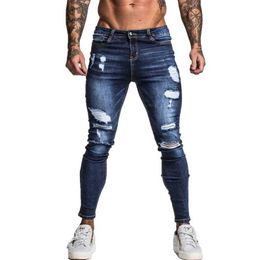 Jeans masculin gingtto hommes skinny stretch réparé jean bleu bleu foncé hip hop super skinny slim fit coton grande taille zm34 t240508