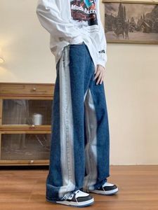 Heren jeans gmiixder vintage wide been draping streetwear splicing denim broek unisex wit dik gestreepte patchwork hoge taille broek