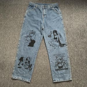 Jeans pour hommes GODLIKEU Hommes Lavé Harajuku Anime Imprimer Baggy Streetwear Coton Mode Lâche Large Jambe Pantalon